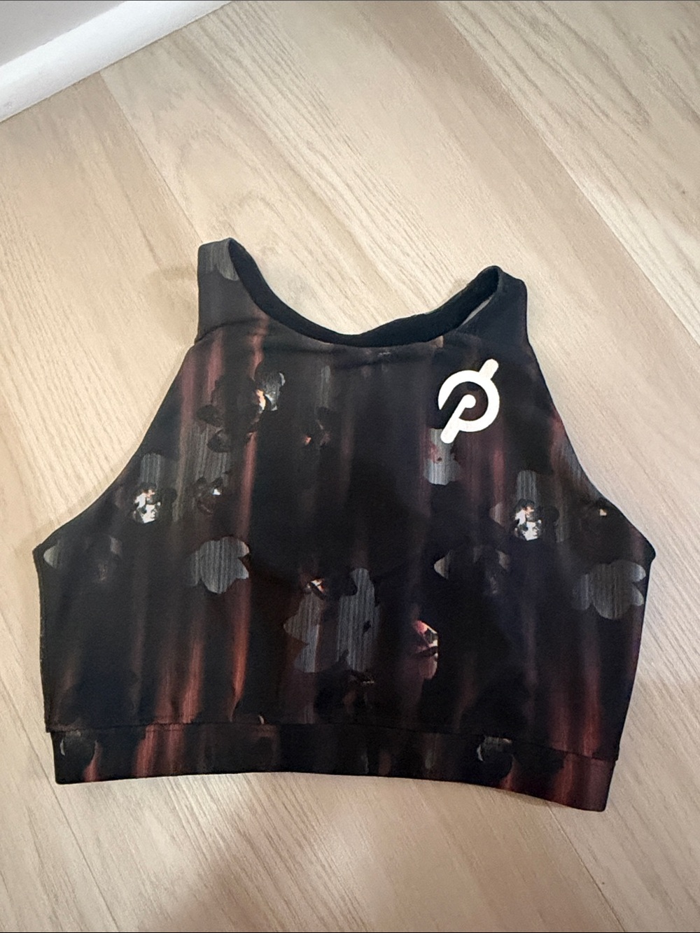 Peloton Black and Dark Red High-Neck Floral-Print Crop Top